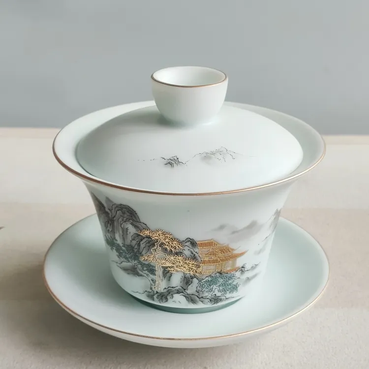 盖碗茶杯青花陶瓷三才泡茶碗青釉素面功夫茶具高档家用单个盖杯