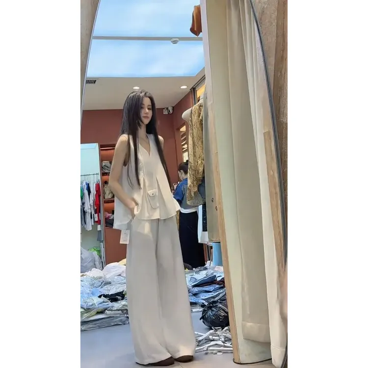 韩系纯欲慵懒风女装2025夏季无袖背心上衣时尚休闲阔腿裤两件套