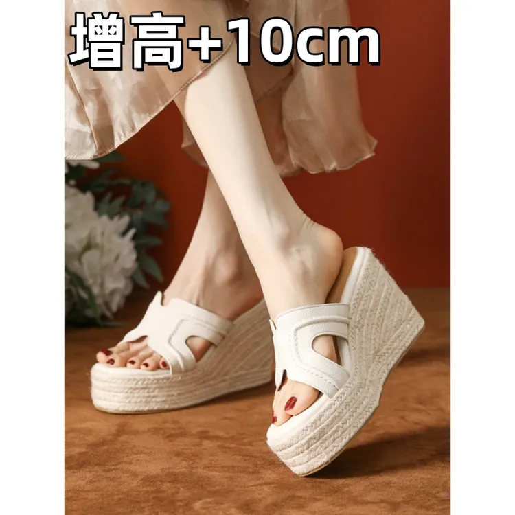 10厘米增高夏季透气凉拖鞋女2025爆款外穿度假风草编厚底鞋凉鞋