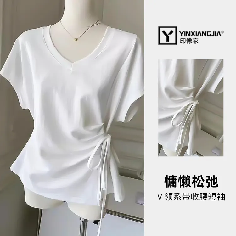 印像家高级感纯色v领系带收腰短袖t恤女夏秋慵懒风松弛感百搭上衣