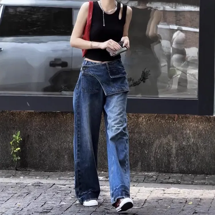 复古高腰假两件牛仔裤女秋季新款显瘦设计感直筒阔腿长裤