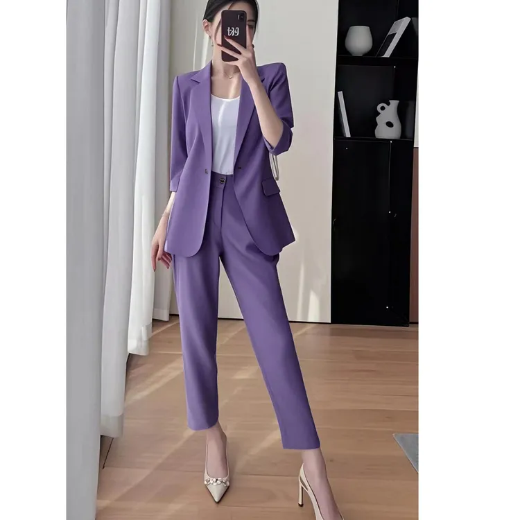 大码胖mm薄款西装套装女夏新款干练气质时尚休闲西服九分裤两件套