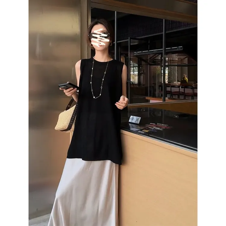 2025夏季新款法式高级感百搭圆领无袖上衣气质高腰显瘦A字半身裙