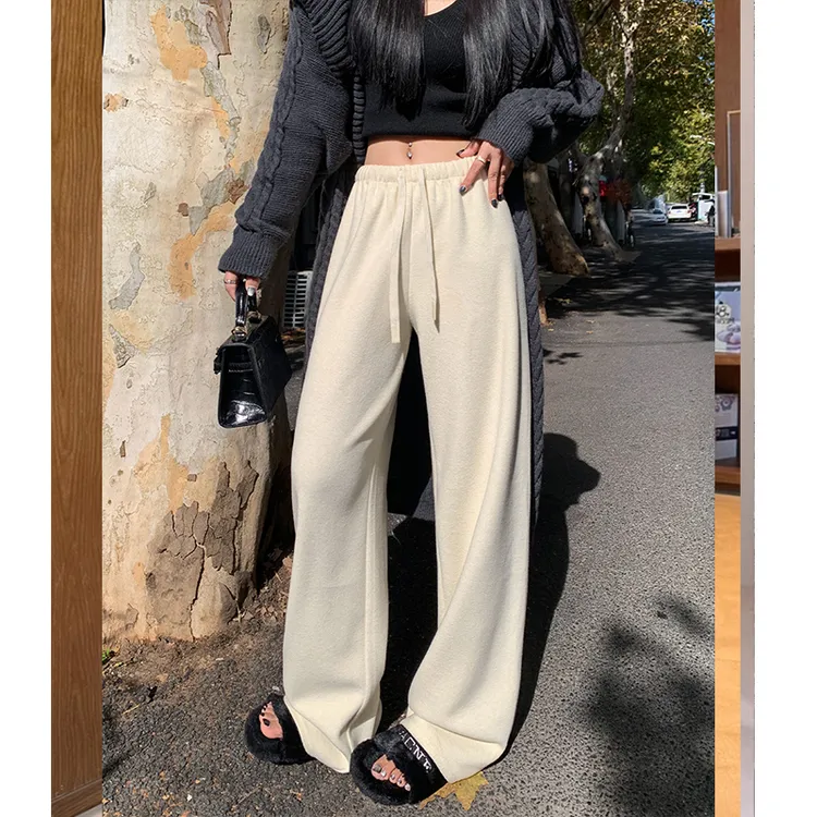 醋酸羊毛糯米裤女2025新款垂感慵懒秋冬加绒加厚小个子直筒阔腿裤