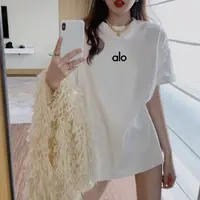 alo纯棉T恤夏季圆领印花短袖半袖宽松型白色美式白T男女情侣同款