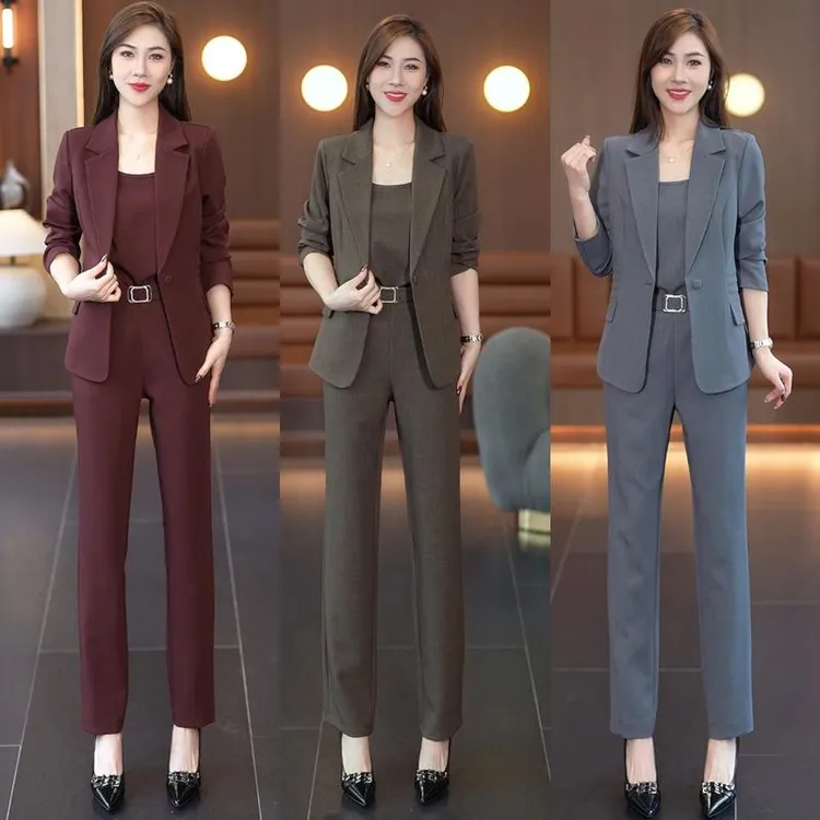 高级感时尚西装套装女2025秋季新款职业气质外套吊带直筒裤三件套
