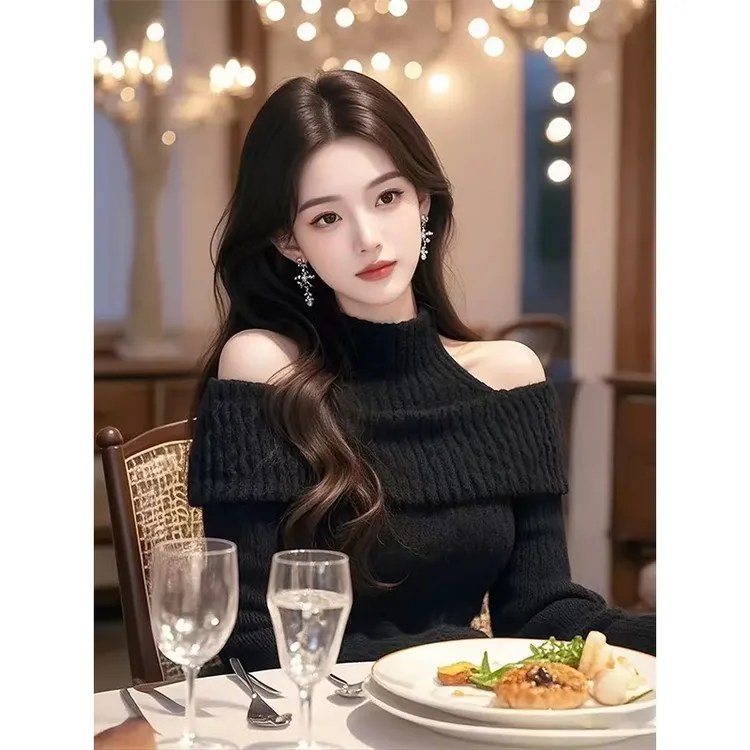 2024新款小个子韩系慵懒风针织上衣高级感黑色半高领露肩毛衣女冬