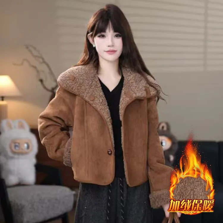 2025年冬季新款百搭气质减龄短外套女加棉加厚翻领单排扣上衣外套