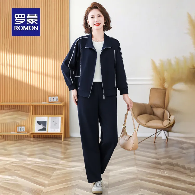 罗蒙中年妈妈秋装上衣休闲两件套洋气2025新款中老年运动服套装女