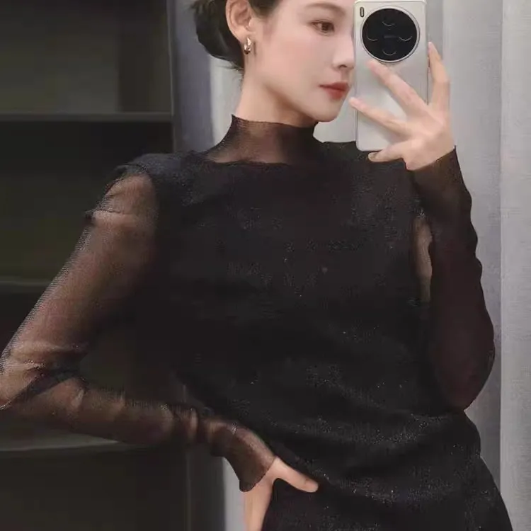 秋季新款【现货】繁星打底衫唯美仙气~亮丝网纱轻薄长袖上衣百搭