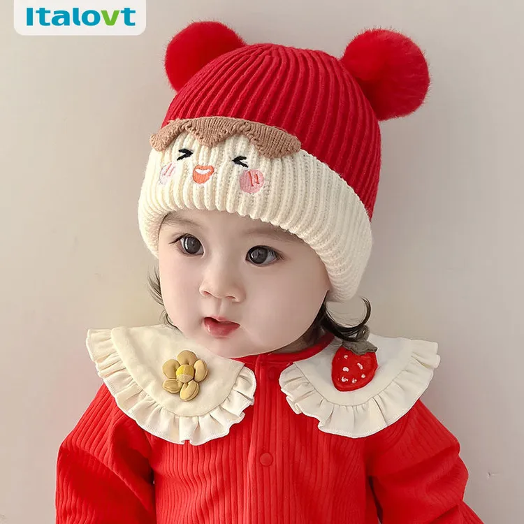 婴幼儿秋冬季毛线帽可爱保暖护耳男女宝宝新年大红冬天加厚帽子