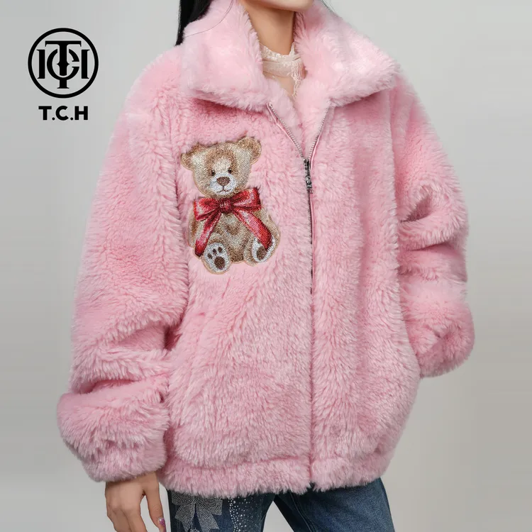 TCH轻奢时尚潮牌烫钻粉色翻领毛毛外套女2025冬季新款T75C27E9009