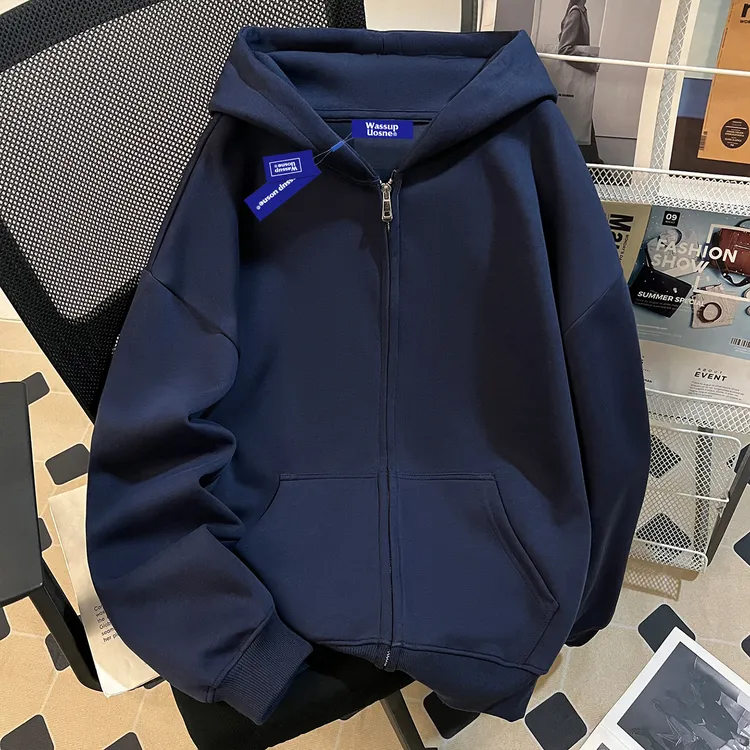 藏青色复古连帽拉链卫衣男2025新款boxy百搭挺阔重磅美式开衫外套