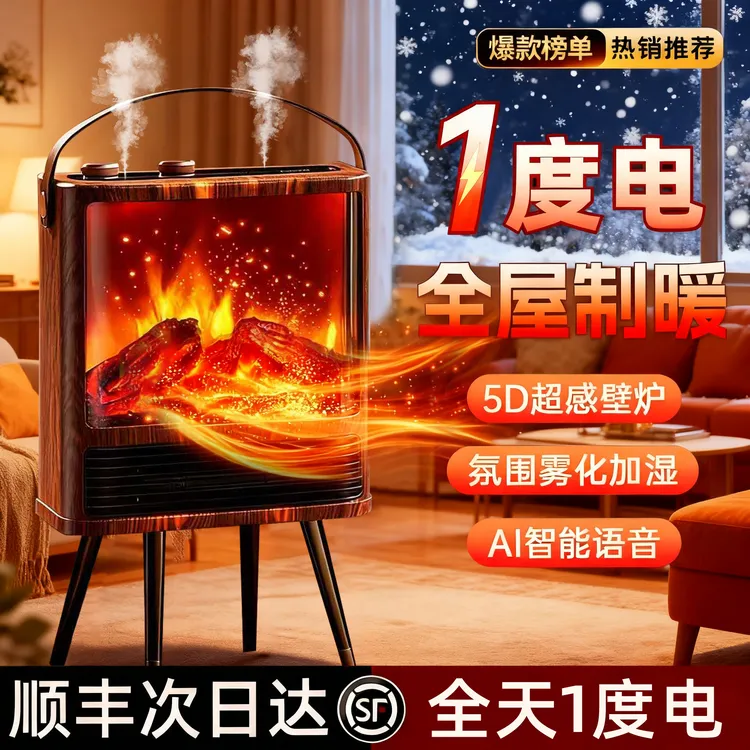 小米有品取暖器立式石墨烯暖风机家用制热3D火焰烤火仿真火焰壁炉