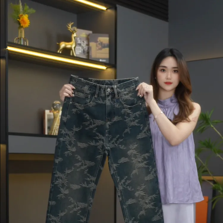 秋冬新款水洗原创设计刺绣国风牛仔裤时尚宽松百搭男士直筒牛仔裤