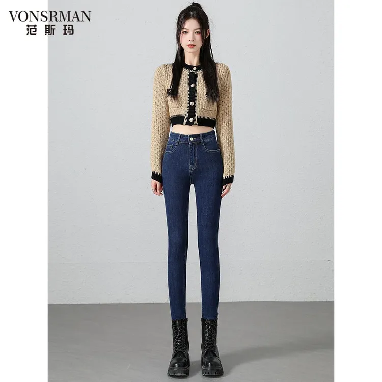 蓝色牛仔裤女士2025年新款冬季加绒高腰显瘦铅笔紧身修身小脚裤子