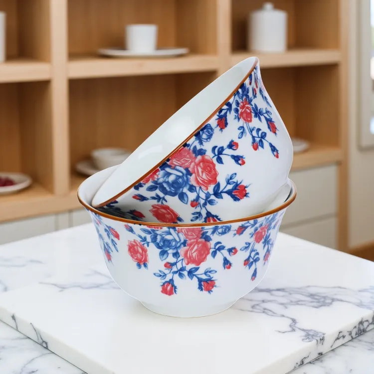 【2支装】陶瓷釉下彩荆棘玫瑰花卉5.7英寸沙拉碗面碗米饭碗家用日式