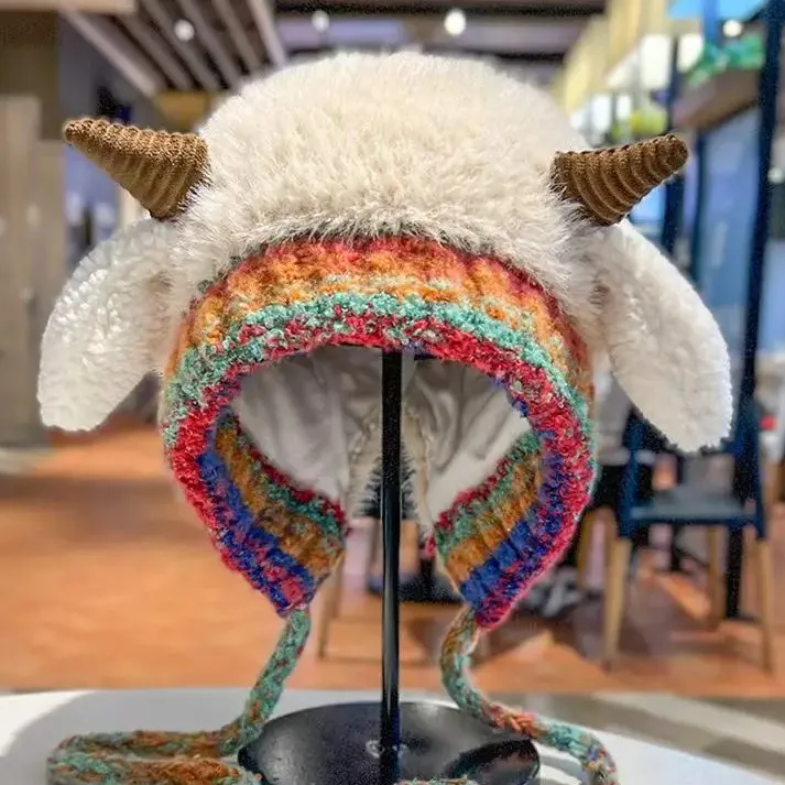 可爱小羊耳朵毛绒帽子女冬2025新款秋冬季保暖护耳毛线帽百搭冬帽