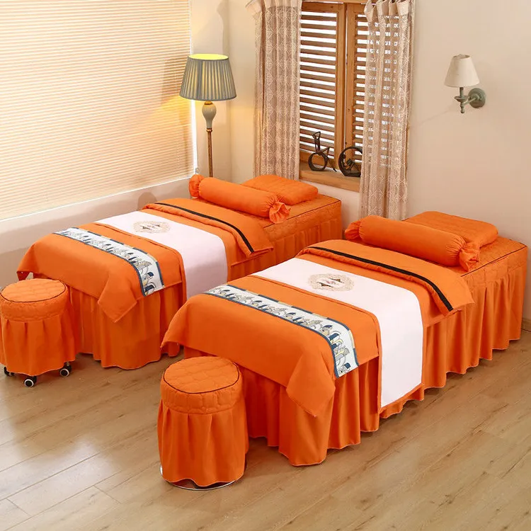 美容理疗床单新款四件套美体纹绣按摩豆绿被套美容美容床罩4件套