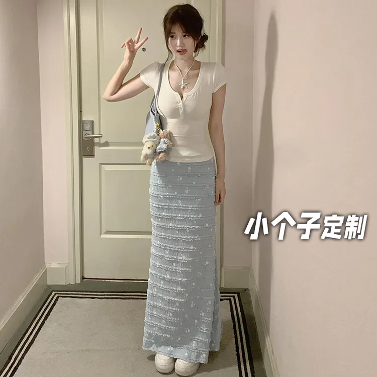 150小矮个子碎花蝴蝶结半身裙女夏季显瘦包臀鱼尾裙高腰a字中长款