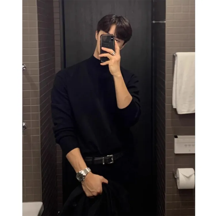 德绒半高领黑色打底衫男秋多配大衣西装内搭成熟稳重男装长袖t恤