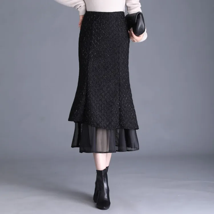 小香风银丝鱼尾裙半身裙女2025新款秋冬高腰中长裙加厚a字包臀裙