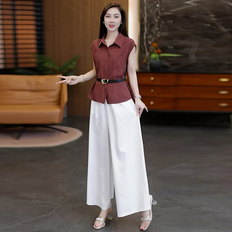 高级感时尚套装女士夏季新款洋气无袖衬衣宽松裤子气质穿搭两件套
