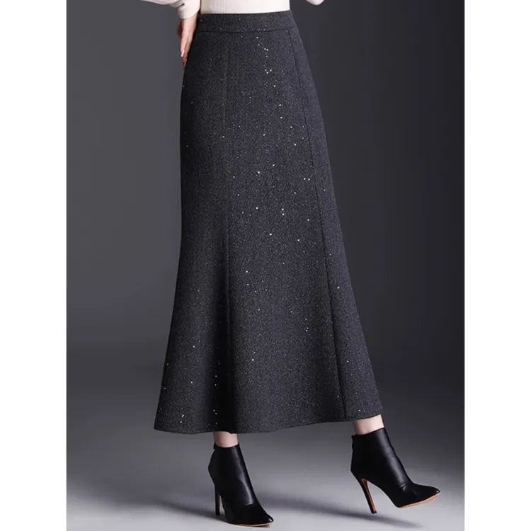 拉夏贝尔黑色鱼尾裙半身裙女秋季2025年新款高腰包臀裙中长一步裙