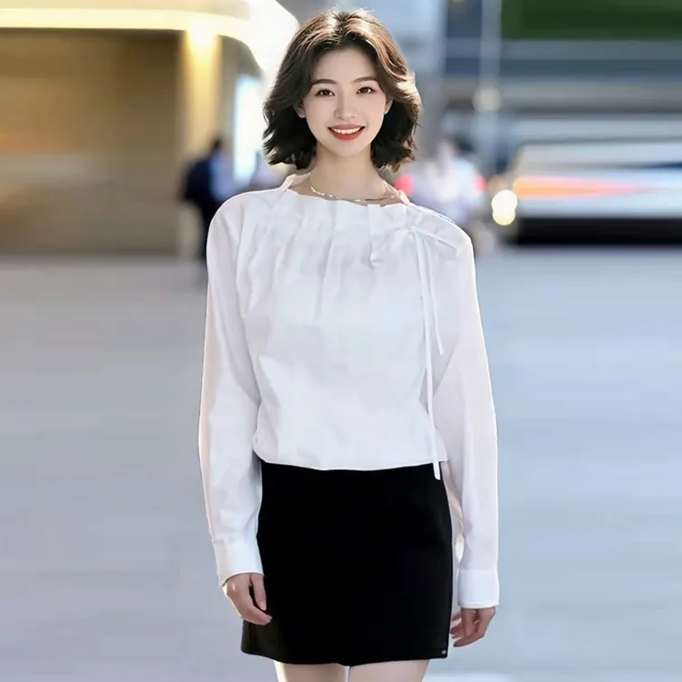 白色长袖衬衫女士2025早秋季新款高级感洋气减龄显瘦系带立领上衣