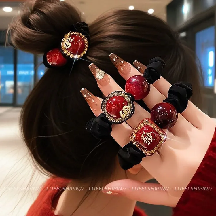 橡皮筋发饰绳扎发高级感头发发圈女珍珠马尾红色头绳秋冬丸子新