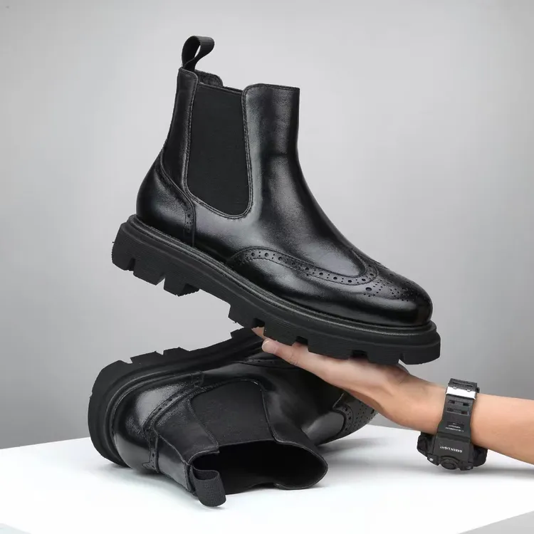 周麻子真皮手工鞋中帮切尔西靴纯色休闲风雕花高帮休闲复古英伦风