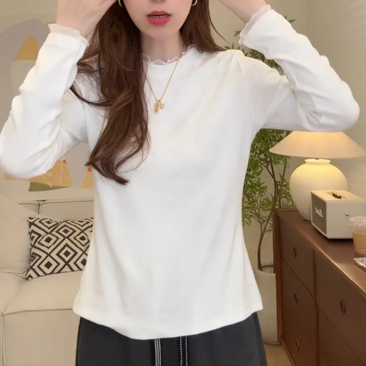 【小拾光】秋冬韩系弹力波浪花边T恤女LK2507670