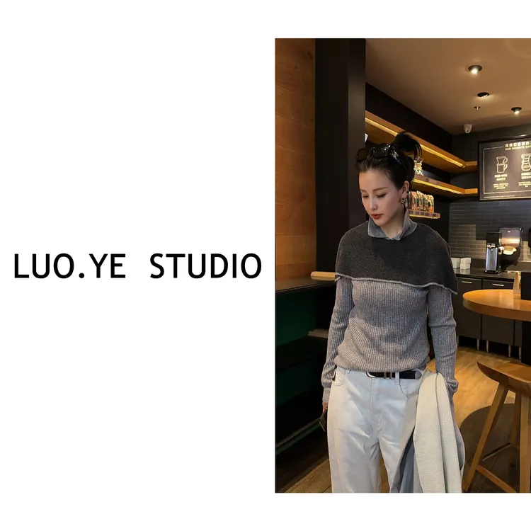 罗爷 · 【瑶华】假两件撞色羊毛针织上衣时尚气质长袖休闲百搭翻领