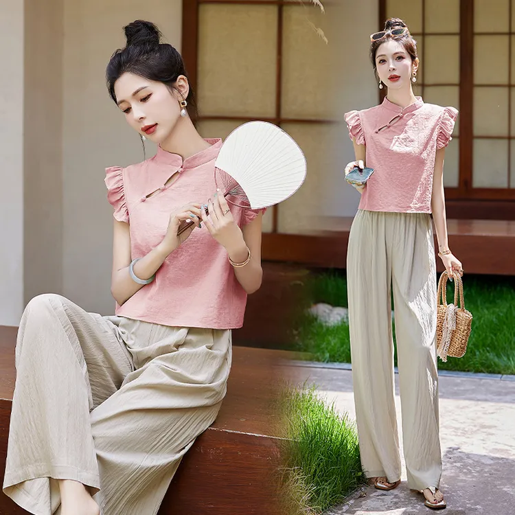 新中式女装2025年时尚气质飞飞袖上衣阔腿裤两件套