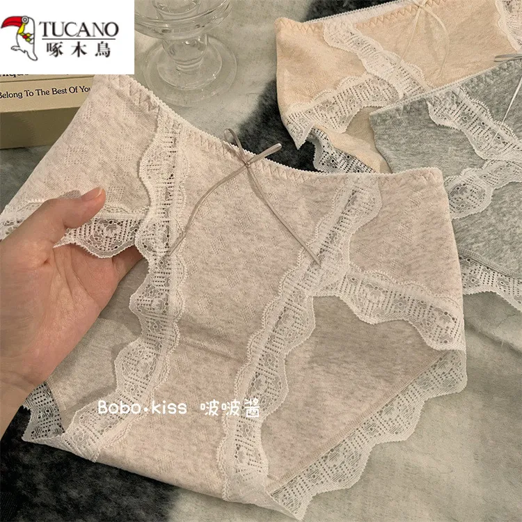 啄木鸟7A全棉裆抗菌三角内裤少女夏季透气中腰蕾丝女士少女风