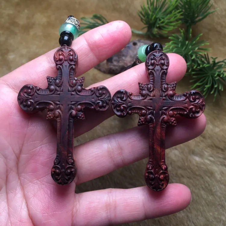 海南黄花梨紫油梨木雕十字架项链吊坠木质精雕基督教护身符车挂件