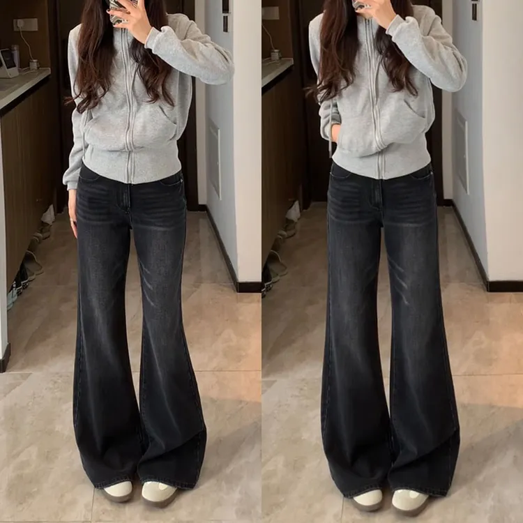 美式复古做旧黑灰洗水牛仔裤女显瘦高腰阔腿不贴腿微喇叭裤子秋冬
