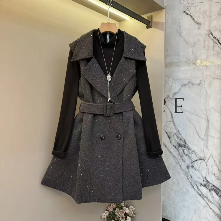 2025新款胖m时尚翻领气质收腰欧货内搭+无袖马甲裙显瘦两件套5982