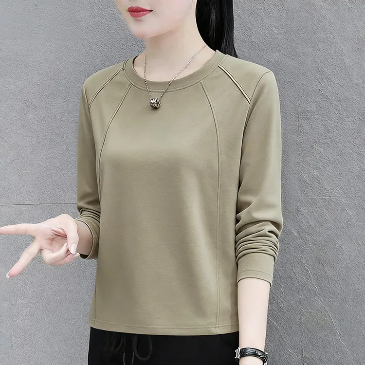 欧韩纯中老年妈妈春秋长袖t恤宽松慵懒风设计感小众上衣高级感女
