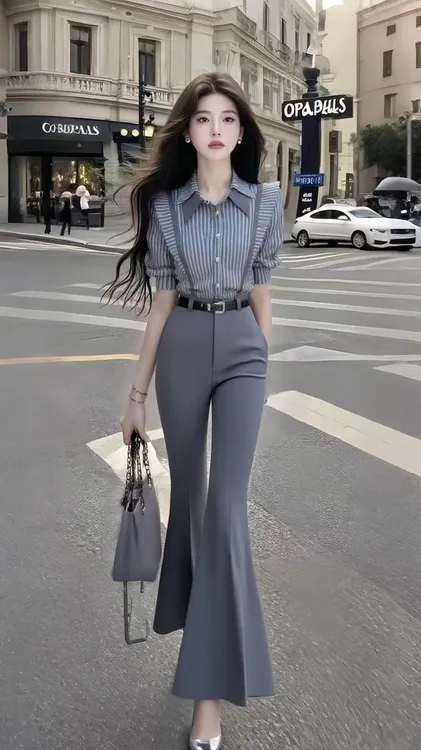 轻奢时尚气质名媛通勤风修身条纹衬衫上衣+微喇长裤女深灰色套装