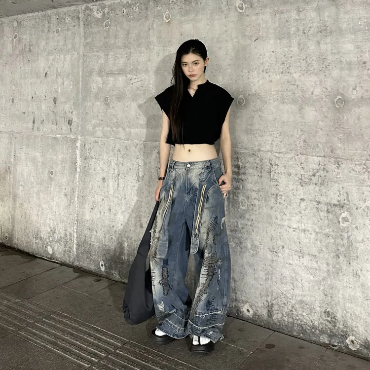 【鹿晗同款】美式高街男脏脏重工刺绣废土风女蓝色百搭情侣阔腿裤