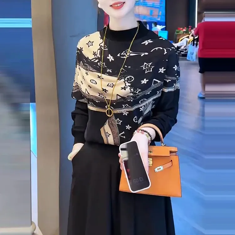 6969春秋2025年新款时尚休闲宽松显瘦长袖印花高级感T恤