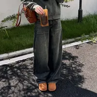 今婷秋季韩系做旧复古休闲百搭拼色口袋直筒牛仔长裤-M25302323