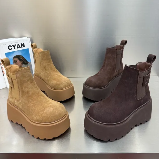 浩9008-21新款厚底冬季加厚糕米奇头磨砂皮短靴底厚8公分增高