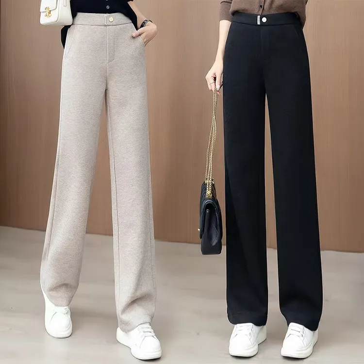 毛呢窄版阔腿裤女2025秋冬季新款高腰显瘦松紧加厚休闲直筒裤