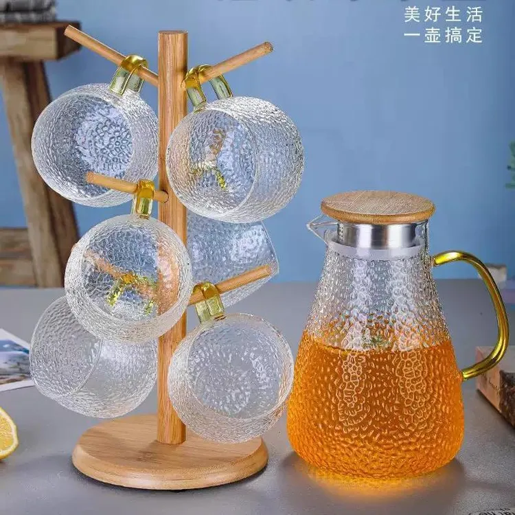 新疆包邮耐热玻璃锤纹凉水壶冷水壶家用大容量果汁壶杯子杯架套