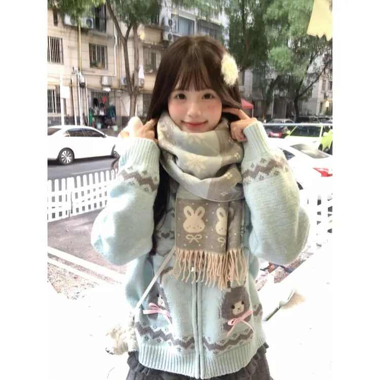 MARIE.COCO韩系新款小熊费尔岛针织保暖开衫外套搭简约半身裙套装