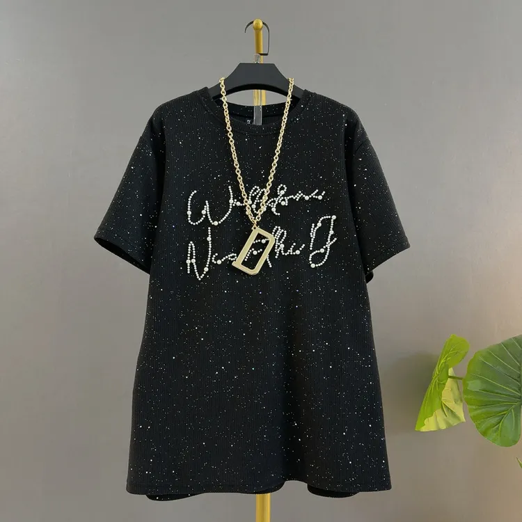 新款重工亮晶晶钉珠字母正肩宽松遮肉常规版大码女装半袖上衣