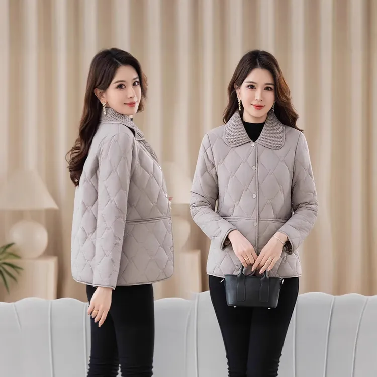 中年妈妈冬装轻薄翻领小棉衣夹棉外套加大码时尚百搭洋气婆婆棉袄