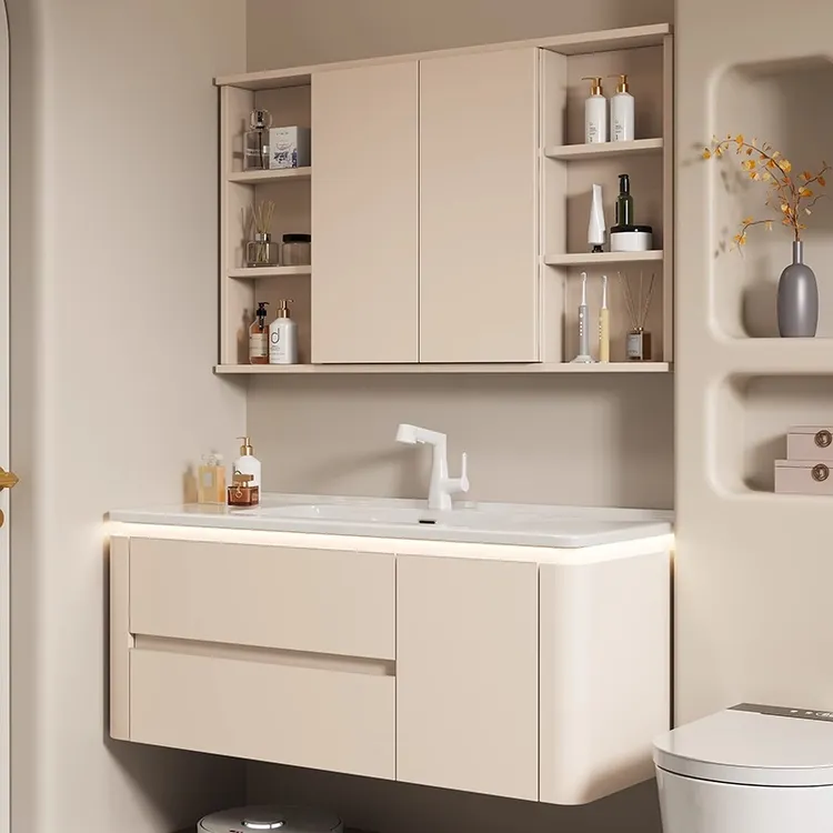  潮州浴室智能镜柜奶油风风水镜柜抗菌陶瓷一体盆洗漱洗手洗漱台